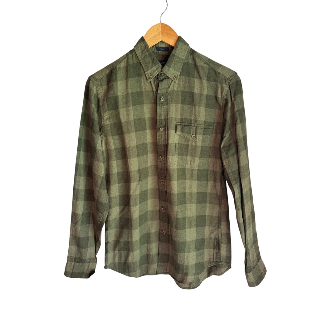 J.Crew Slim Fit Brushed Twill Shirt Mens Small Olive Green Buffalo Check Plaid